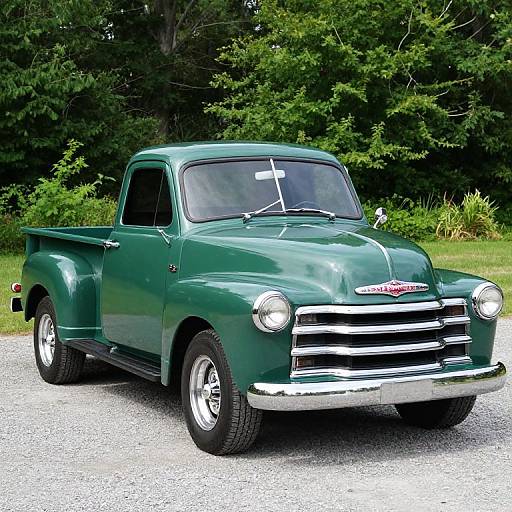 Photograph of a polished, vintage, green 1950s Chevrolet pickup truck with chrome grille, white-walled tires, and a green forest background