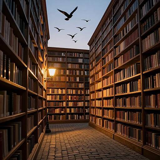 Twilight Library With Soaring Birds