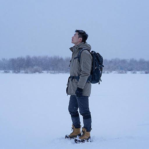 Photograph of a young Asian man in a green winter coat, black pants, and tan boots, standing in snowy field, looking up, with a