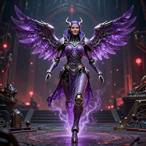Digital artwork of a powerful, purple-winged, horned angel warrior in shiny, dark armor, walking on a glowing, circular platform in a dark