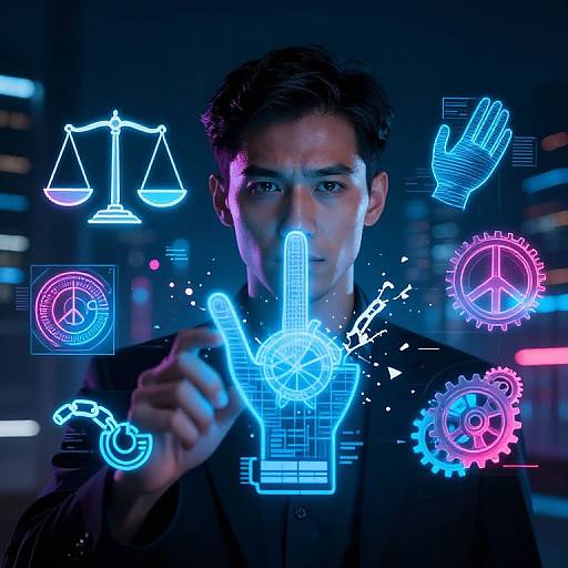 Photograph of a man with short dark hair, wearing a black jacket, pointing at a glowing blue hand icon against a neon cityscape background, surrounded