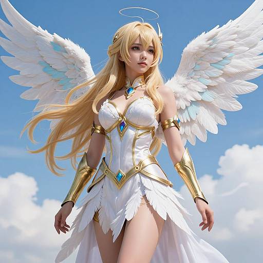 Digital art of a blonde angel with white wings, gold arm cuffs, and blue gemstone accents, wearing a white feathered dress, against a bright
