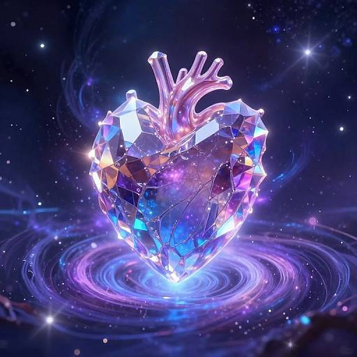 Glowing, crystal heart floating in space, surrounded by purple and blue light rings, with star-like sparkles in the dark background. Digital art