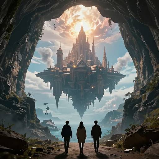 Digital fantasy artwork: Silhouetted figures walk through a dark cave, gazing at a floating, Gothic-style castle with a radiant sun behind it