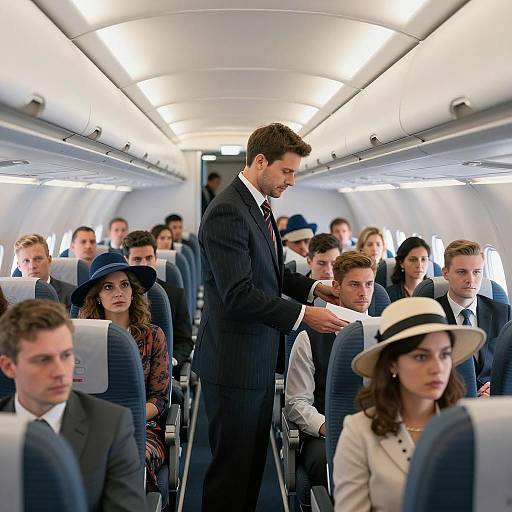 Flight Attendant Serving Passengers on Crowded Airplane