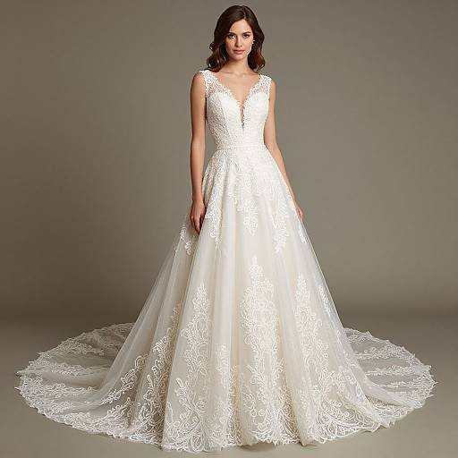 Photograph of a woman with dark hair wearing a white, lace-embellished, sleeveless wedding gown with a deep V-neck and a long