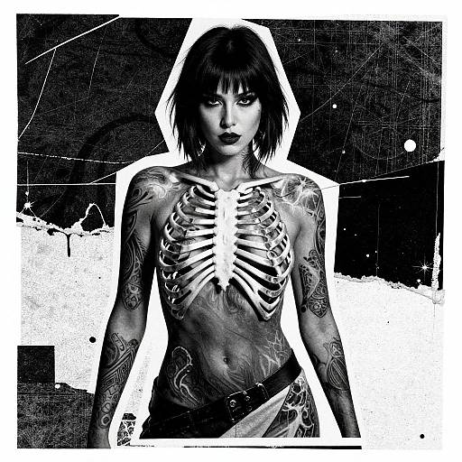 Black-and-white photograph of a tattooed woman with short black hair, wearing a hood, showcasing a skeletal chest tattoo against a textured, abstract background.
