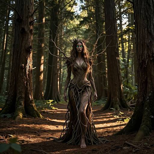 Photograph of a woman in a forest, wearing a leaf and branch dress, with a crown of twigs, illuminated by sunlight filtering through tall trees