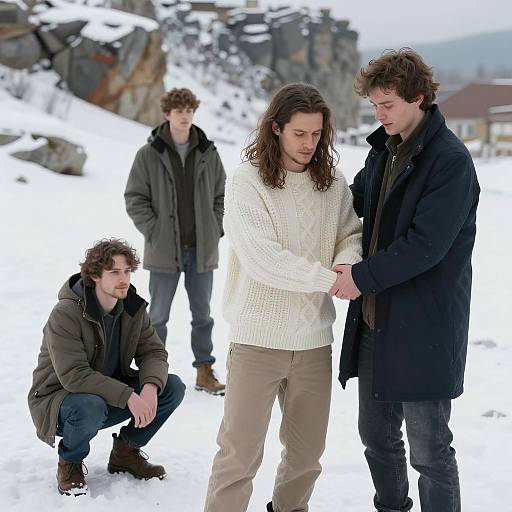 Winter Scene with Four Men in Snow