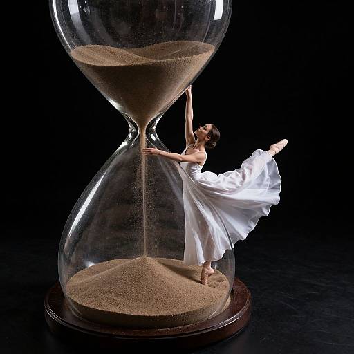 Photograph: Ballet dancer in white dress, en pointe, clinging to giant hourglass filled with sand, against a black background.