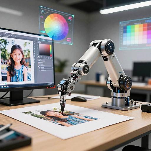 Photograph of a modern workspace with a robotic arm drawing on a photo of a smiling woman, computer screens displaying colorful graphics, and bright office lighting.