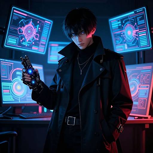 Cyberpunk anime-style photograph of a black-haired, pale-skinned young man in a dark coat, holding a glowing blue device, surrounded by neon