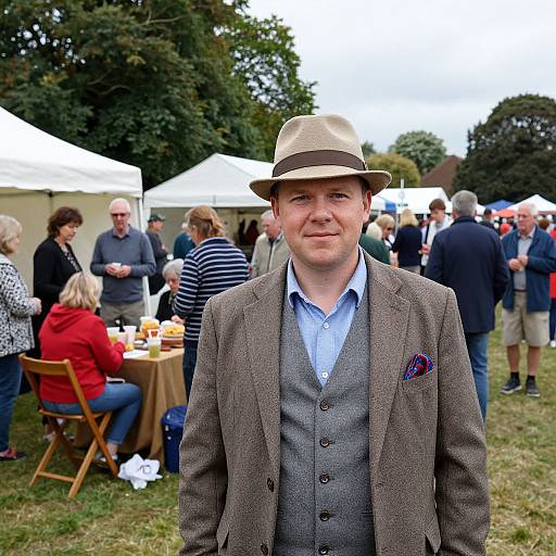 Photograph of a middle-aged man in a beige fedora, grey suit, and blue shirt, standing at an outdoor event with white tents and people