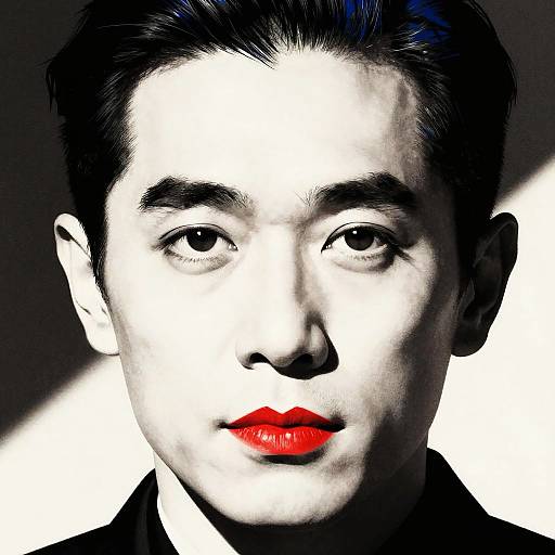 Black-and-white portrait with vivid red lips; high contrast shadows, Asian male with short black hair, intense gaze, modern artistic style.
