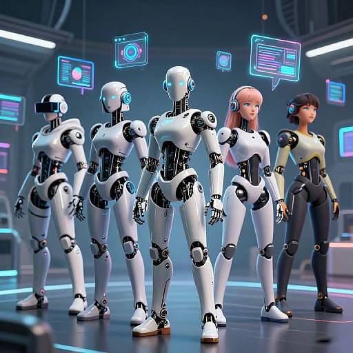 CGI image of four female robots and one human in a futuristic lab, featuring glowing holographic screens and neon lighting.