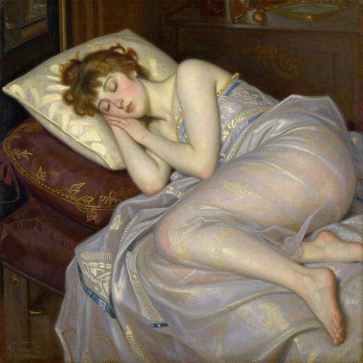 Digital painting of a pale, red-haired woman sleeping on a luxurious, patterned bed with a gold pillow, draped in a shimmering silver and blue
