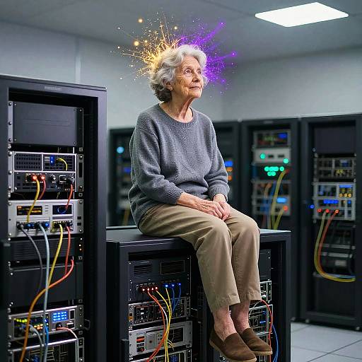 Photograph of an elderly white woman with short gray hair, wearing a gray sweater and beige pants, sitting on a server rack, surrounded by colorful electrical
