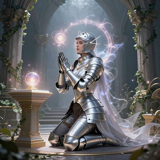 Digital artwork of a silver-armored knight with glowing halo, kneeling, hands raised, holding a magical orb in a misty, vine-covered, ancient