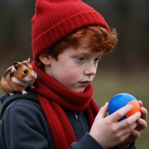 Boy with Red Hat and Hamster Holding Colorful Ball