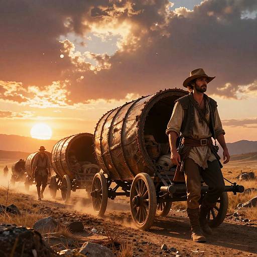 Photograph of rugged cowboy leading two large, cylindrical, wooden wagons in a sunlit, dusty, mountainous landscape at sunset.