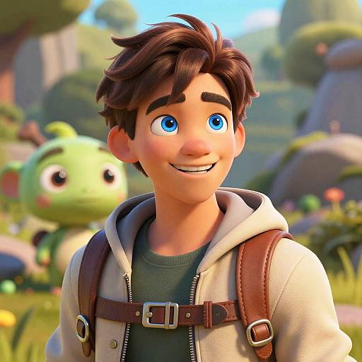Animated Young Adventurer with Cartoon Creature