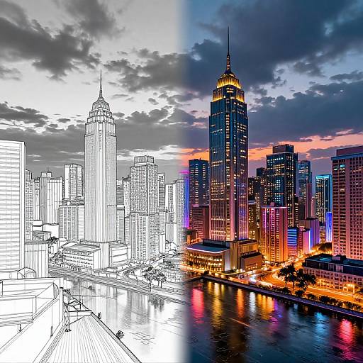 Split-image of a cityscape: left side in black-and-white sketch, right side in vibrant, colorful digital photograph; tall buildings, sunset sky,