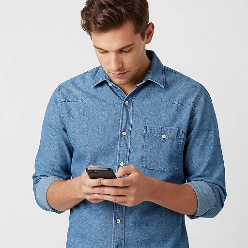 Man in Denim Shirt Using Smartphone