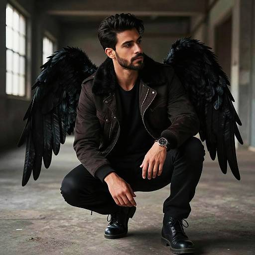 Handsome Man with Black Feathery Wings