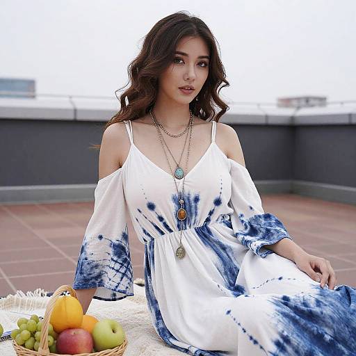 Photograph of an Asian woman with wavy brown hair, wearing a white, blue tie-dye off-shoulder dress, sitting on a rooftop