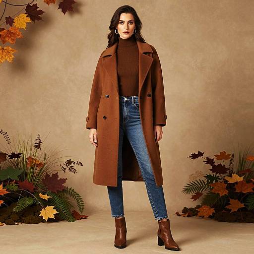 Woman in Brown Coat and Jeans Autumn Fashion