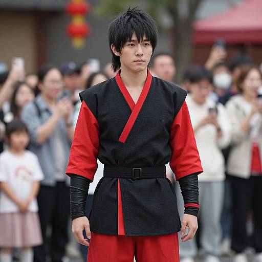Photograph of an Asian male cosplaying a martial artist in black and red uniform, standing in front of a blurred crowd.