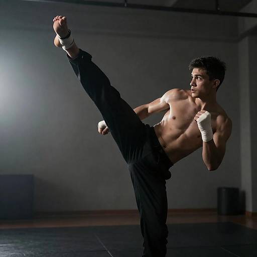 Intense Martial Artist in Dim Gym