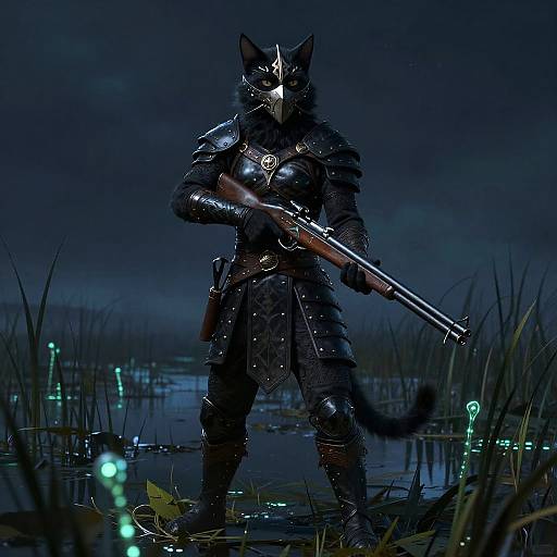 Nocturnal Catfolk Ranger in Moonlit Marsh