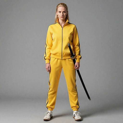 Woman in Yellow Tracksuit with Samurai Sword