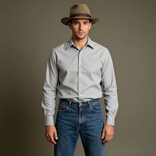 Photograph of a young, attractive man with light skin, brown eyes, and short beard, wearing a gray fedora, light blue button-up shirt