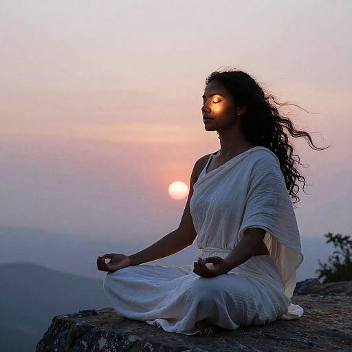 Silhouetted photograph of a woman with glowing eyes, sitting in a meditative pose at sunset on a rocky cliff, wearing a white, flowing