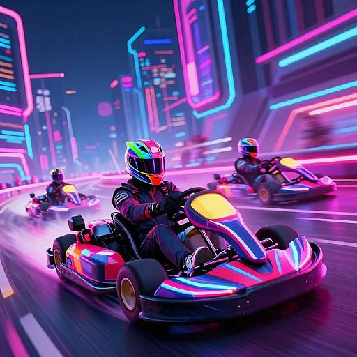 Neon-lit, futuristic street race: three go-kart drivers in vibrant, glowing helmets speed through a cityscape with colorful, illuminated billboards