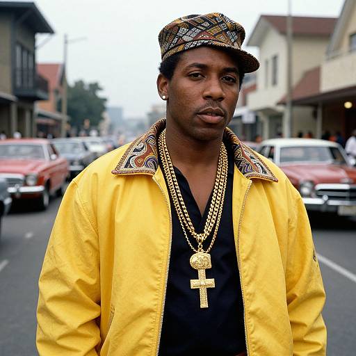 Photograph of a Black man with dark skin wearing a yellow jacket, plaid cap, gold chain with cross pendant, standing on a street with classic