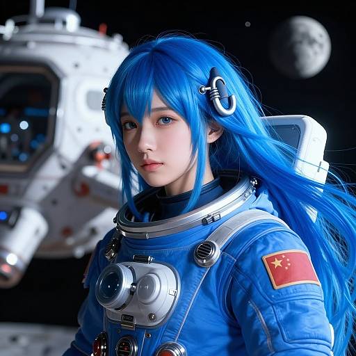 Blue Spacesuit Girl in Photorealistic Space