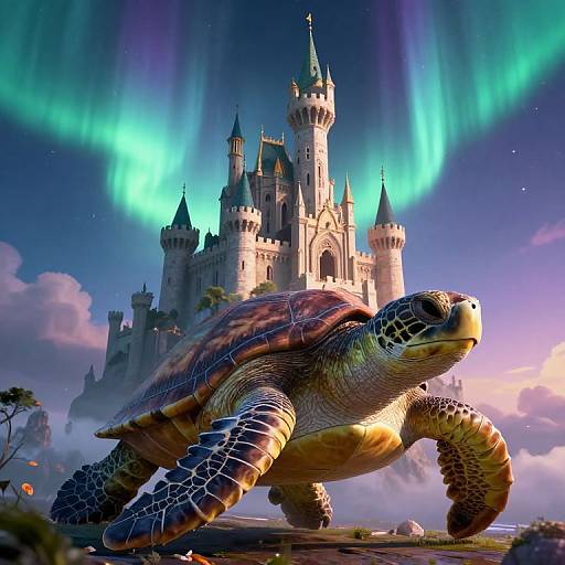 CGI artwork of a detailed turtle in the foreground, with a majestic castle under vibrant green auroras in the background.