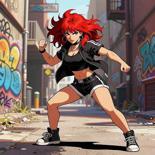 Dynamic Redhead in Graffiti Alley
