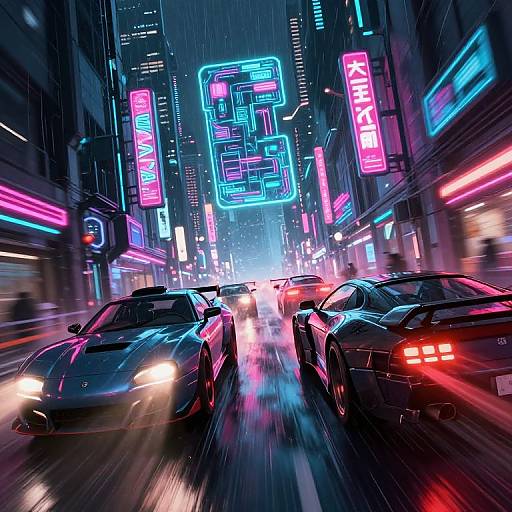 Neon-lit, cyberpunk city street at night with two sleek, black sports cars speeding through rain, illuminated by vibrant pink, blue, and