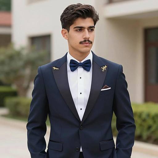Young Man in Navy Blue Tuxedo Outdoors