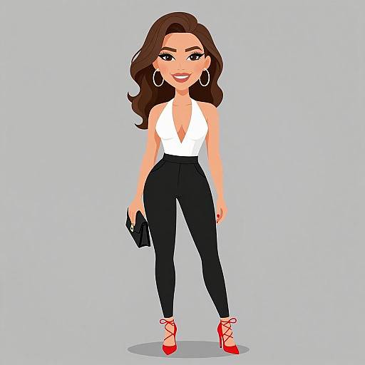 Digital illustration of a smiling woman with long brown hair, wearing a white sleeveless top, black high-waisted pants, red heels, and holding