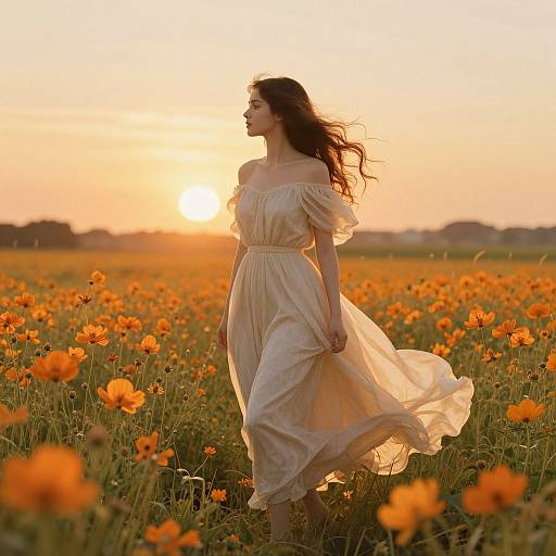 Photograph of a slender woman with long dark hair in a flowing off-shoulder beige dress, walking through a vibrant orange poppy field at sunset