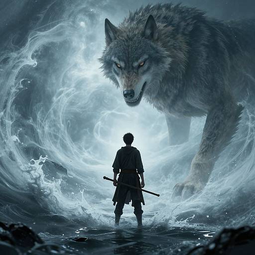 Digital artwork: Silhouetted warrior with sword stands in water, facing enormous, glowing-eyed wolf amidst swirling blue-white energy. Dramatic, fantasy