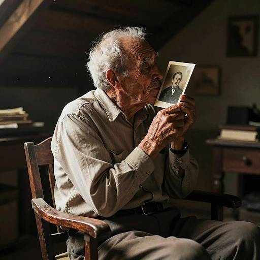 Photograph of an elderly white man with white hair, wearing a beige shirt, sitting in a dimly lit room, holding a black-and-white photograph