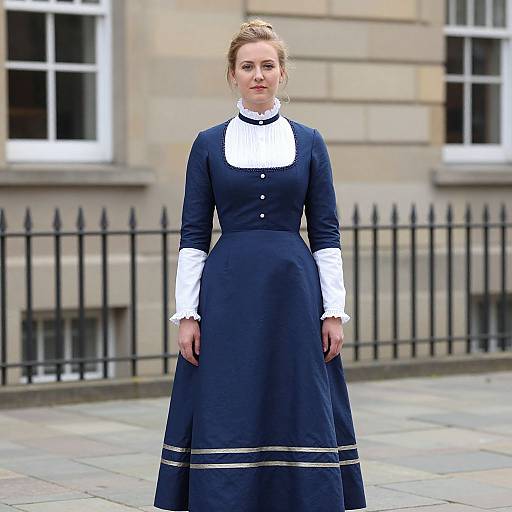 Photograph of a young woman with light skin and blonde hair in an 19th-century navy dress with white blouse and trim, standing in front of