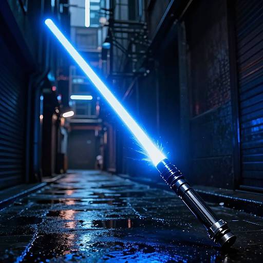 Photograph of a blue lightsaber lying on a wet, reflective alleyway with dark brick walls, illuminated by neon lights.