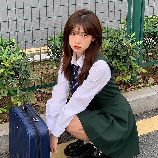 Crouching Asian Woman in School Uniform